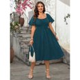 thumbnail image 4 of Plus Size Womens Teal Blue Polka Dot Square Neck Waist Cinched Midi Dress, 4 of 5