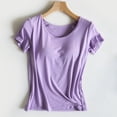 thumbnail image 4 of GPOECD Women's Solid Color Short Sleeve T-Shirt with Built-in Bra Wireless Comfort Casual Wear Stretchy Summer Top for Everyday Z8083-Purple,S, 4 of 8