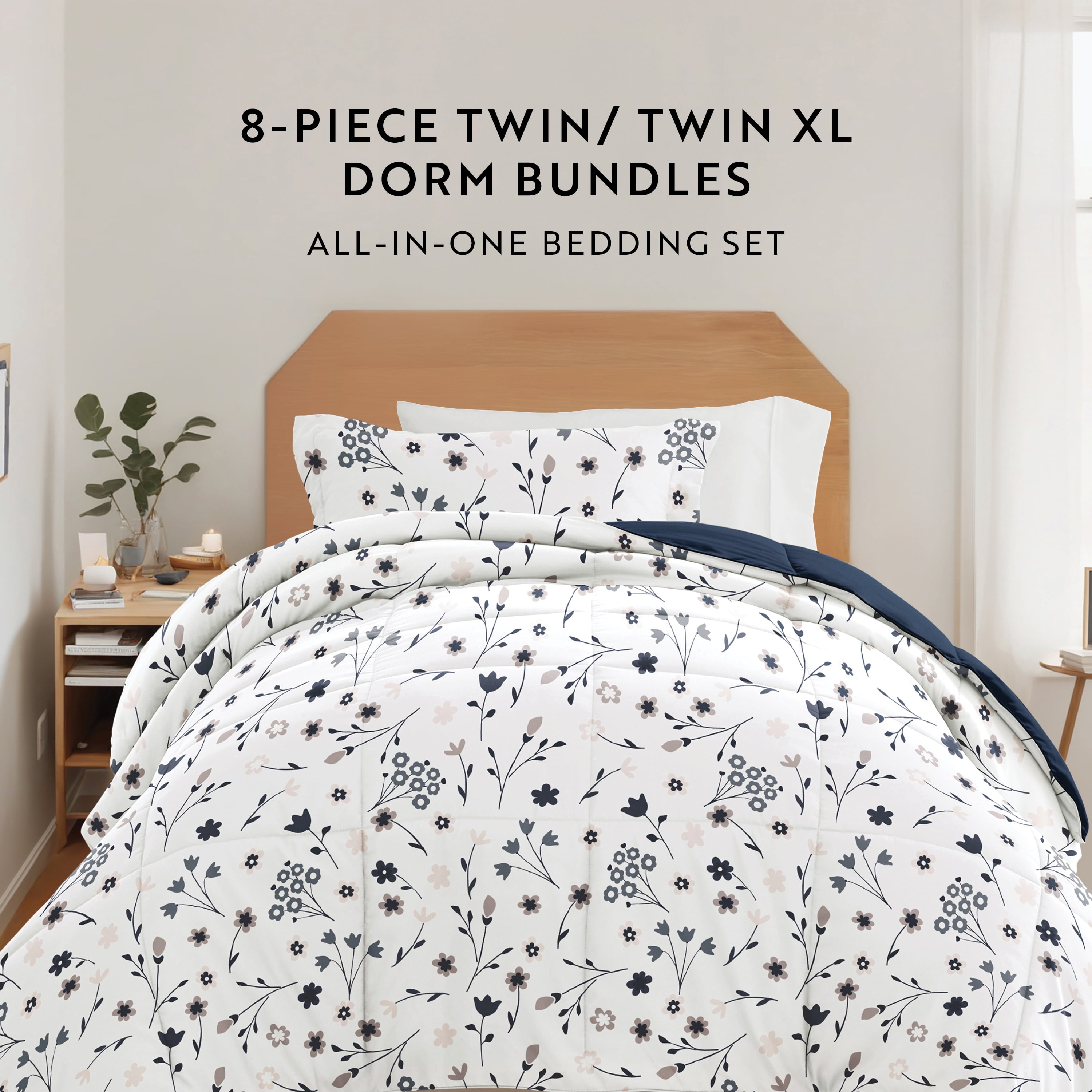 Noble Linens 8 Piece Dorm Bedding Bundle, Comforter & Sheet Set, Pillows, Laundry Bag