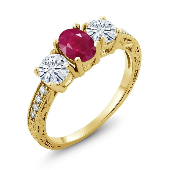 Gem Stone King 18K Yellow Gold Plated Silver 3-Stone Ring Ruby Moissanite(2.12 Cttw) (Size 7)