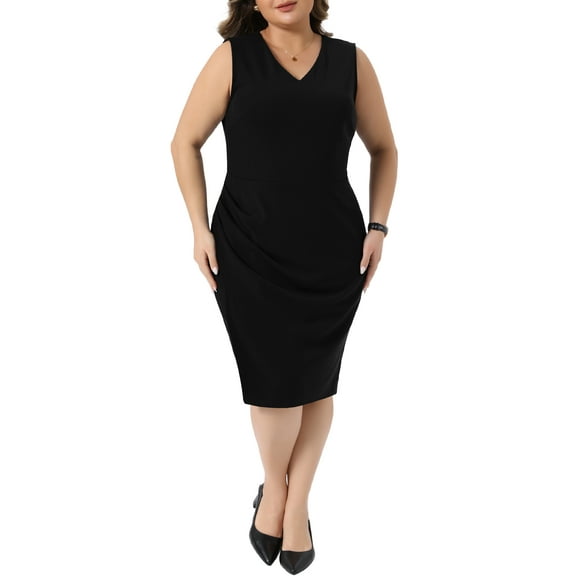 Agnes Orinda Women's Plus Size Bodycon Dress Ruched V Neck Sleeveless Business Office Party Cocktail Pencil Dresses 1X Black