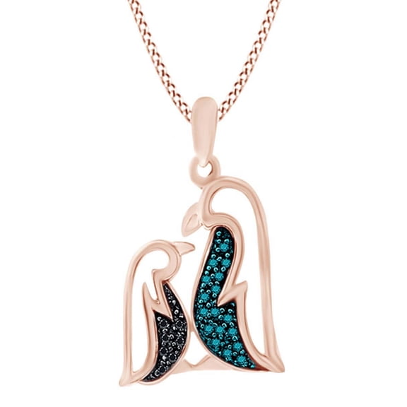 0.1 Ct Round Blue & Black Natural Diamond Penguin Pendant In Sterling Silver
