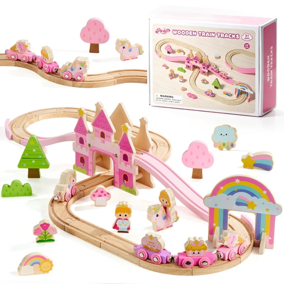 Popdoll Wooden Train Toys for Ages 2 3 4 Girls, 43pcs Unicorn Princess Train Set, Toddles Pink Train Tracks Set, Christmas Birthday Gifts for Girls