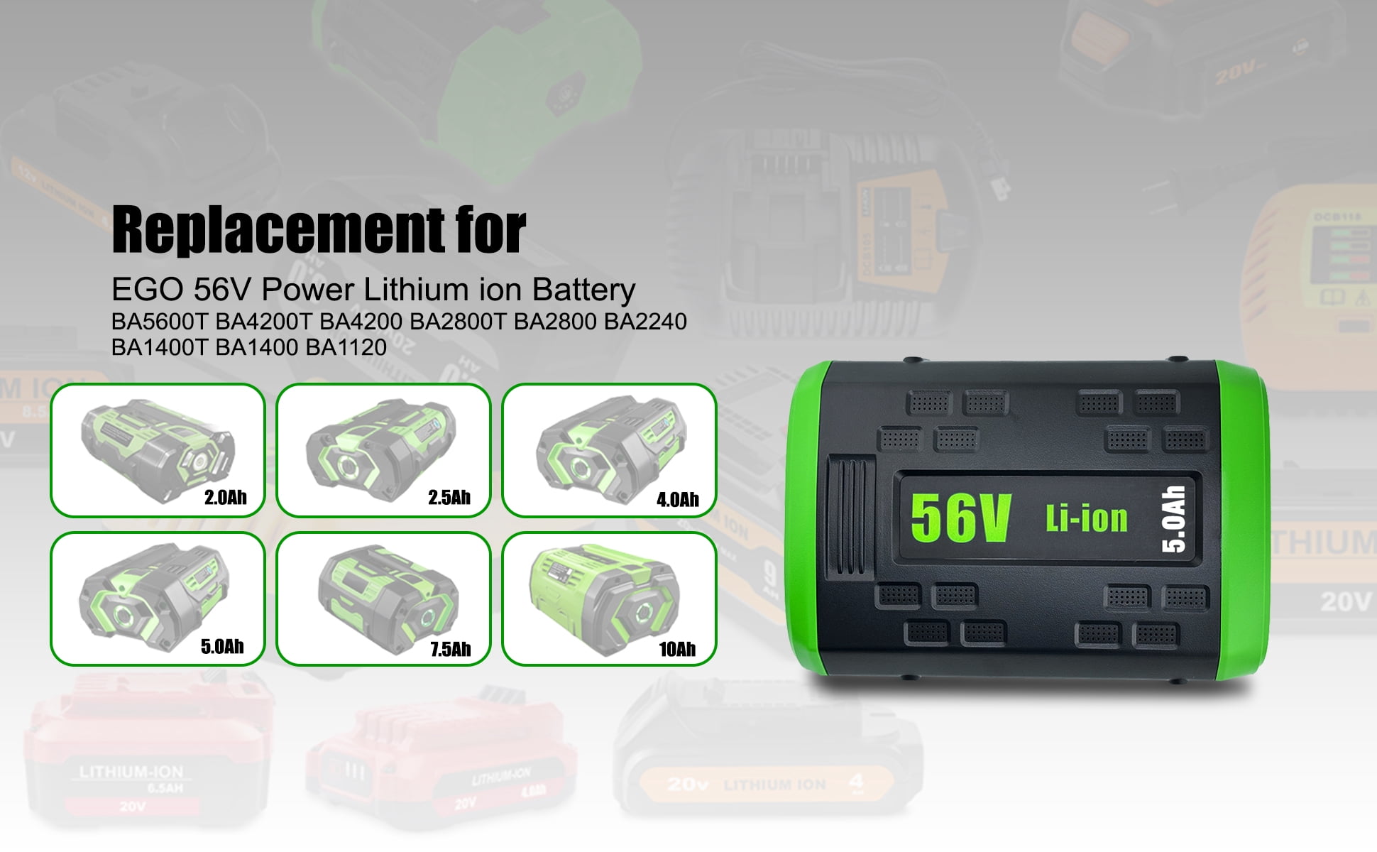 BA2800T 56V 5.5Ah Battery Replacement for 56-Volts Lithium-Ion Battery Pack Compatible with EGO Tools 56V 5.0Ah BA2800 BA2800T 2.5Ah BA1400T BA2240 BA1120 Battery Green