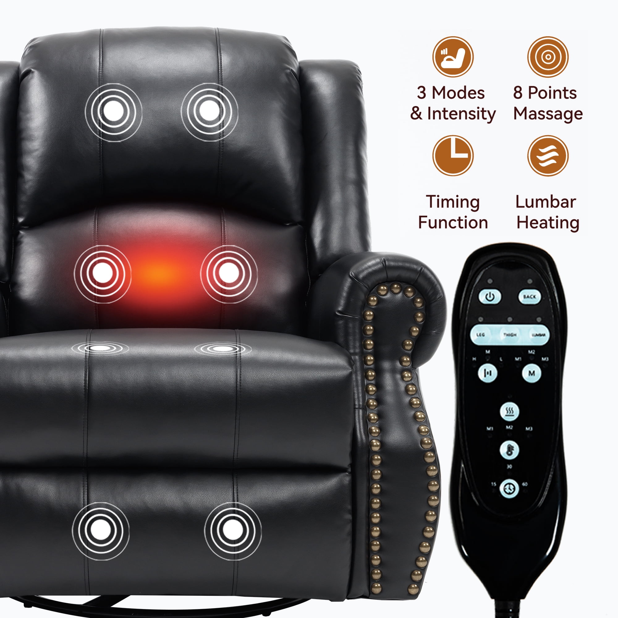 Leumius Oversized Swivel Recliner Chair for Adults,Swivel Rocker Recliner with Vibration Massage and Lumbar Heating for Living Room,Rivet Design,Black