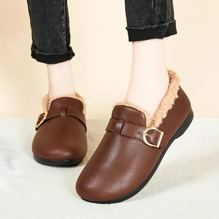 

NEGJ Fashion Winter Women Casual Shoes Flat Bottom Round Toe Solid Color Buckle Short Plush Warm And Comfortable