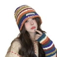 thumbnail image 2 of dianhelloya Women Winter Hat Colorful Striped Print Knitted Elastic Thickened Heat Retention Rainbow Color Anti-slip Washable Beanie Lady Cap Multicolor, 2 of 7