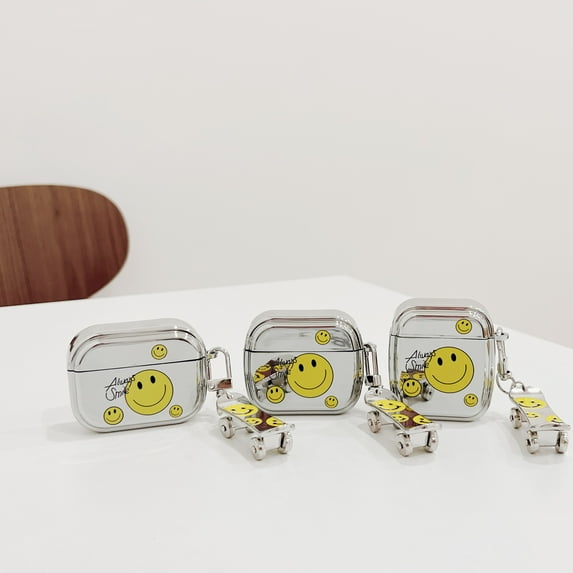 For AirPods 3rd Gen 2021/1/2/Pro case,Shockproof Yellow smiley electroplating TPU Case Cover With Sliding pendant