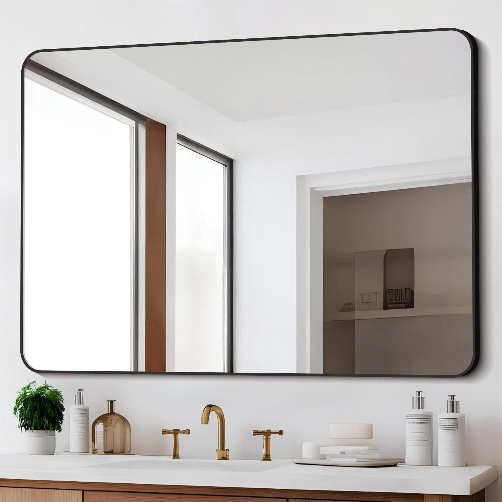 Anyrose Bathroom Mirror, 36"x48" Rectangle Wall Mirror, Metal Frame Vanity Mirror, Large Wall Mounted Mirror,Black