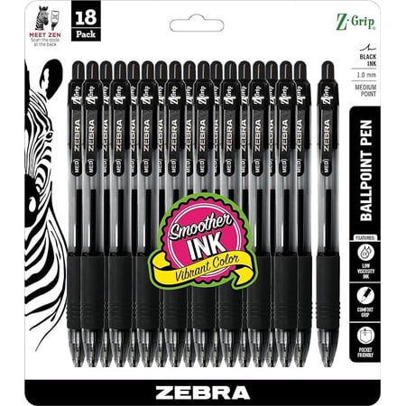 Zebra Pen Z-Grip Retractable Ballpoint Pen, Medium Point, 1.0mm, Black Ink, - 18 Count (Pack of 1), Model Number: 22218