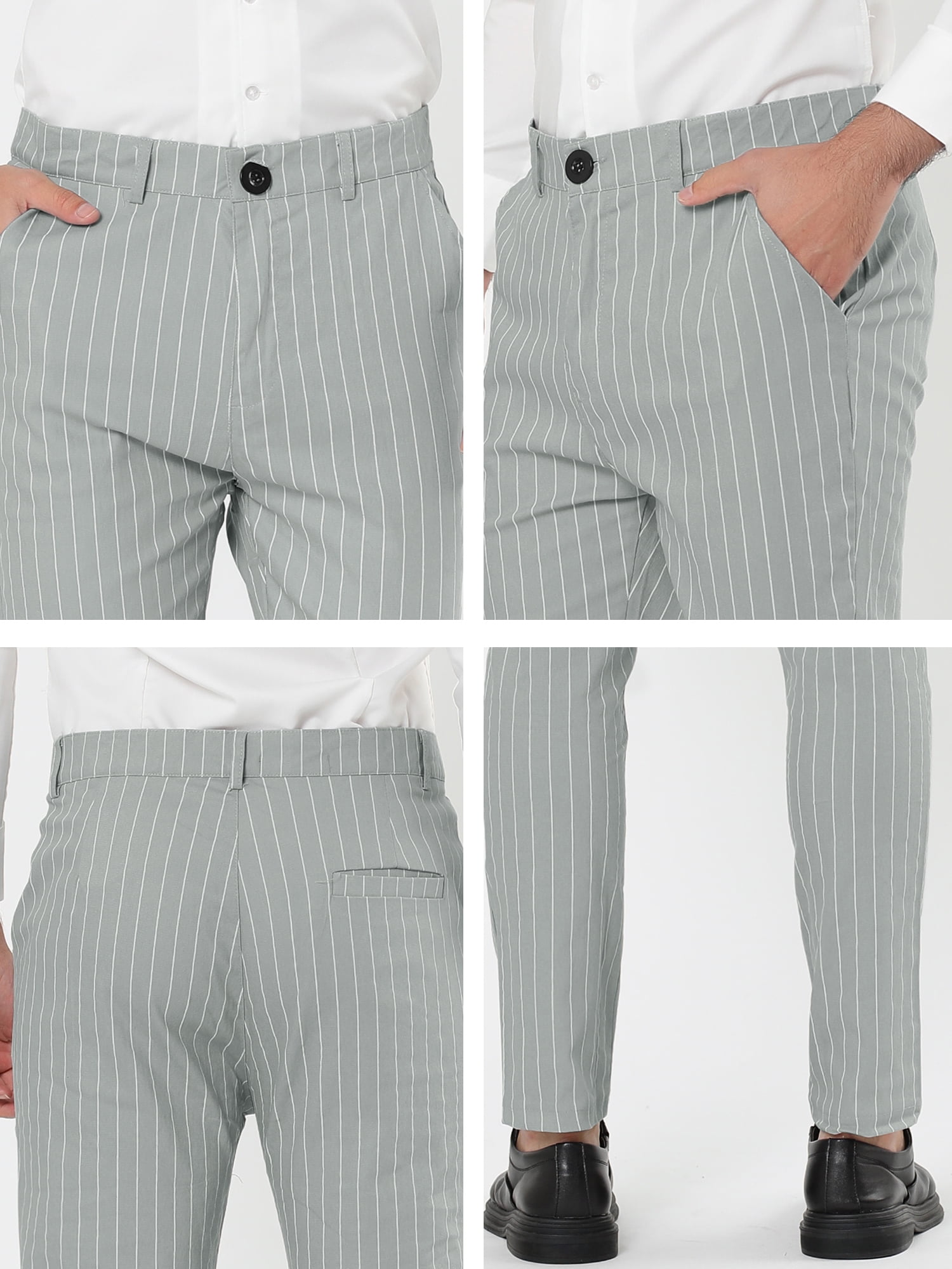 Unique Bargains Men's Striped Pants Slim Fit Flat Front Business Dress Trousers 34 Gray