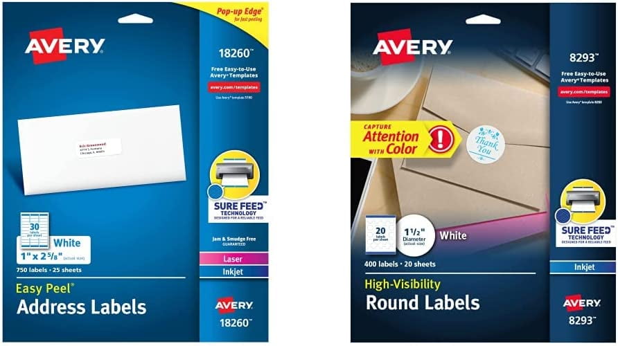Avery Address Labels & White Round Labels With Sure Feed, 1.5 ...