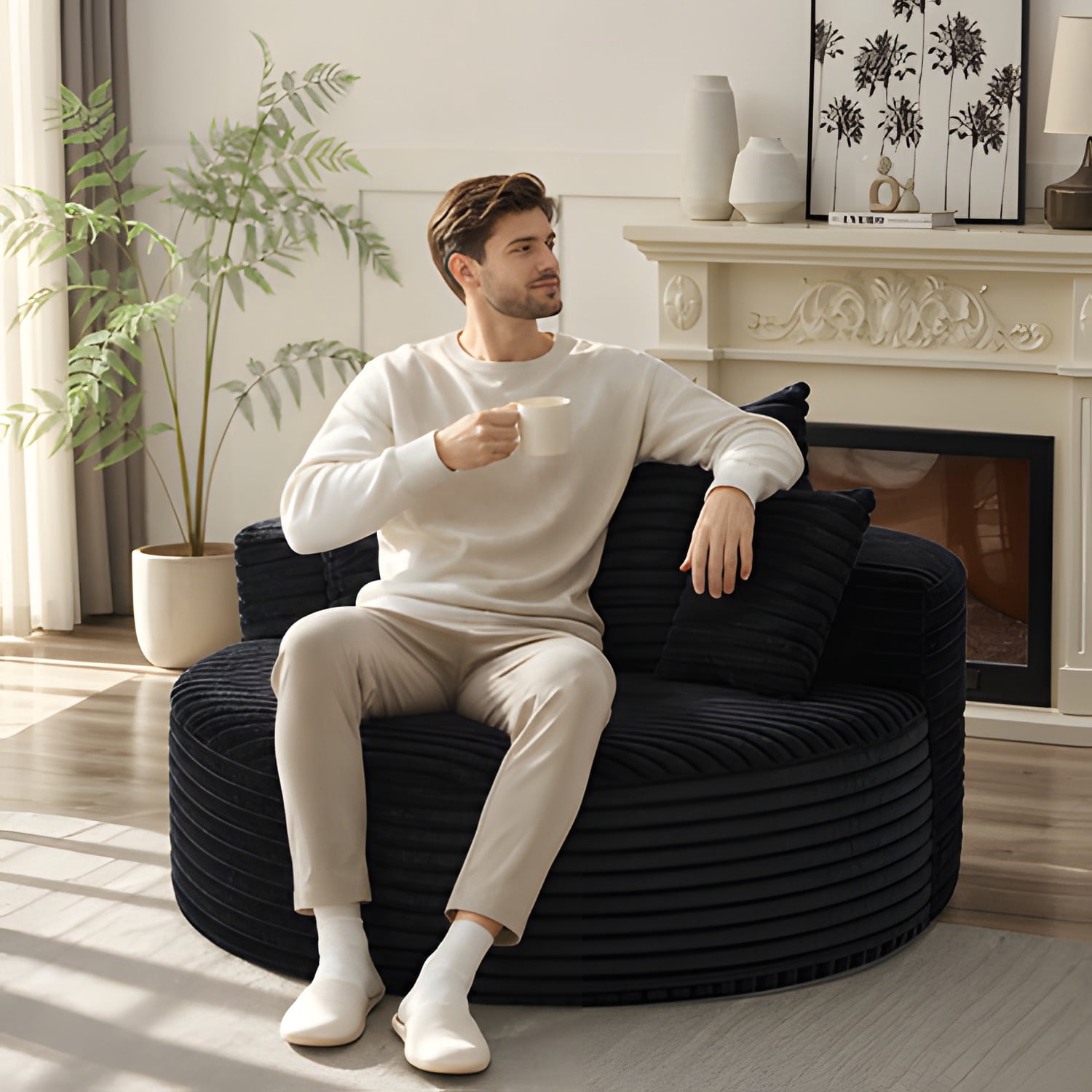 55"L Fluffy Corduroy Sponge Single Sofa Chair, No Assembly Required Modern Sleeper Chair with Cylindrical Headrest Pillow, Non-Swivel Leisure Lounge Chair for Living Room Bedroom Projection Room