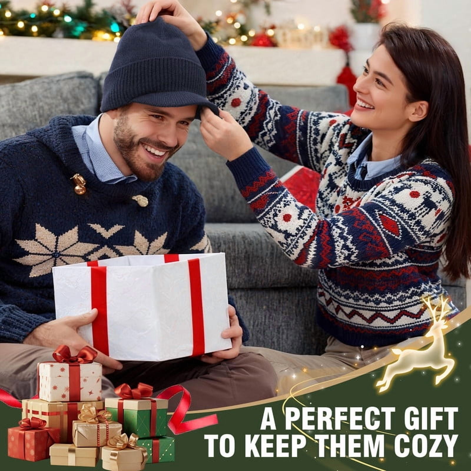 WMCAPS Mens Winter Beanie with Brim - Fleece Lined Thermal Knit Visor Hat for Cold Weather (Slate Gray)