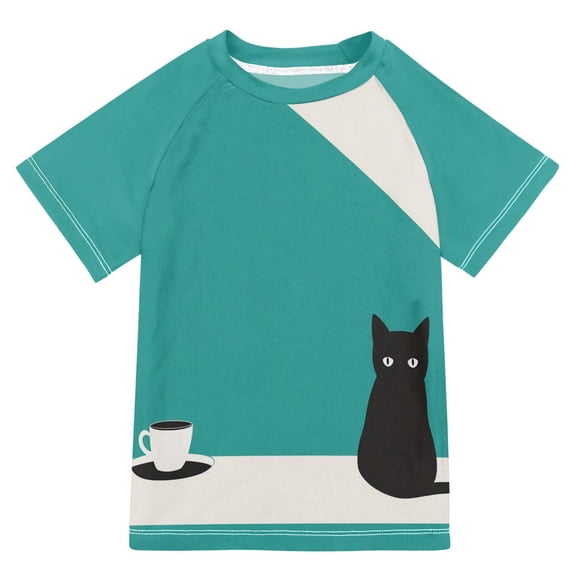 FORMRS Boys Rash Guard Short Sleeves Swim Shirt Quick Dry UPF 50 Sun Protection, Sizes 3-12T, Black Cat and Coffee