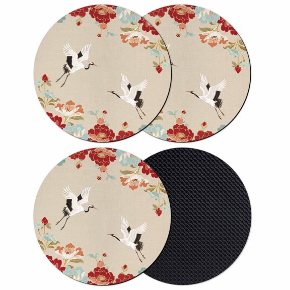 Rustic Crane Coasters Set of 4, Absorbent Coasters for Drinks, Vintage Red Teal Spring Floral Botanical Coaster for Desk Coffee Table Protection, Home Decor House Warming Gifts 4"
