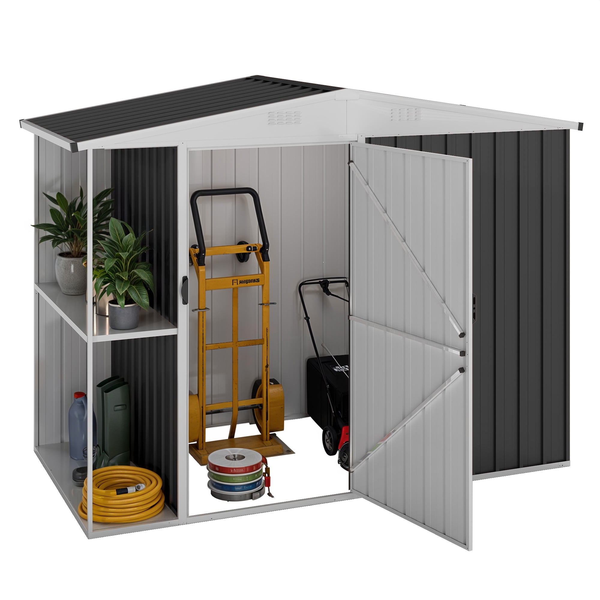 Uforic 8x4 FT Outdoor Metal Storage Shed with Shelves, Lockable Tool Cabinet for Garden (Black)