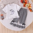 thumbnail image 2 of HCNTES Baby Girl Clothes Baby Toddler Girl Halloween Outfits 6 12 18 24 Month 2T 3T 4T Pumpkin Embroidery Short Sleeve Round Neck Tops and Flared Pants Clothes Set, 2 of 9