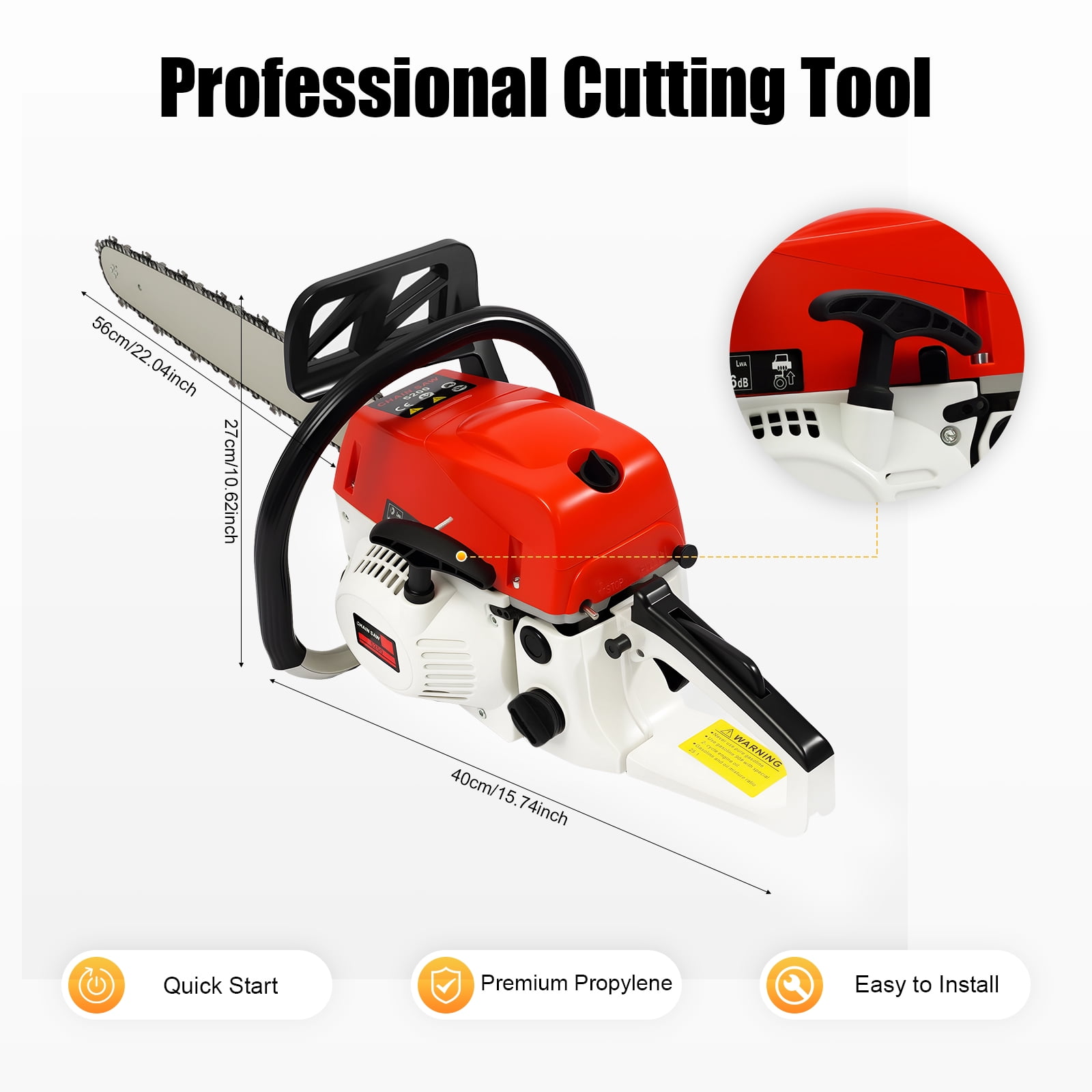 52CC Gas Chainsaw 22 Inch Gas Powered Chainsaw 2 Stroke Gas Chain Saws Hand Self-reset Pull Start Handheld Gasoline Chain Saws with Air-cooled System for Chopping Wood