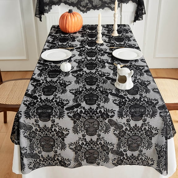 Halloween Black Lace Skull Tablecloth, Spooky Skeleton Pattern Table Cover Mat, Gothic Lace Fabric Table Linen for Halloween Party Dinner Dining Room Home Holiday Decoration, Black
