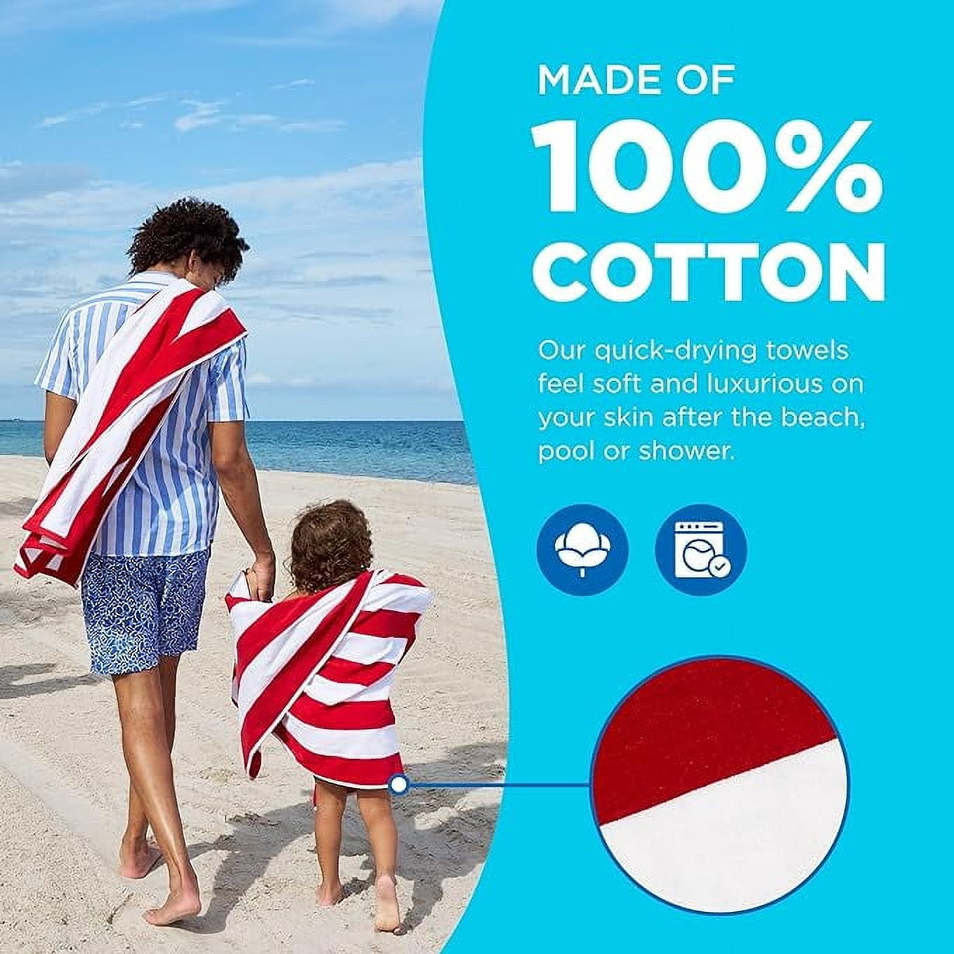 Kaufman - 32" x 62" Red Joey Velour Cabana Stripe Multicolor Beach Towel, 4-Pack, 100% U.S.A. Cotton