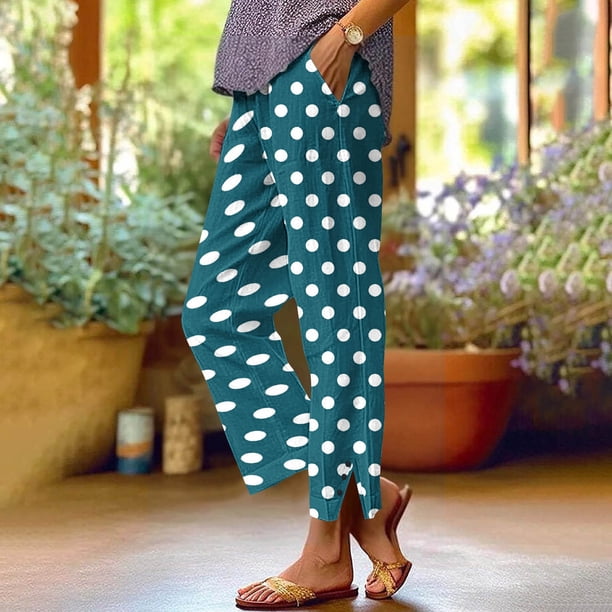 Pincandy Women's Fashion Printed Linen Blend Elastic Waist Casual Pants with Pockets, Button Decorated Split Hem, Casual & Daily Wear