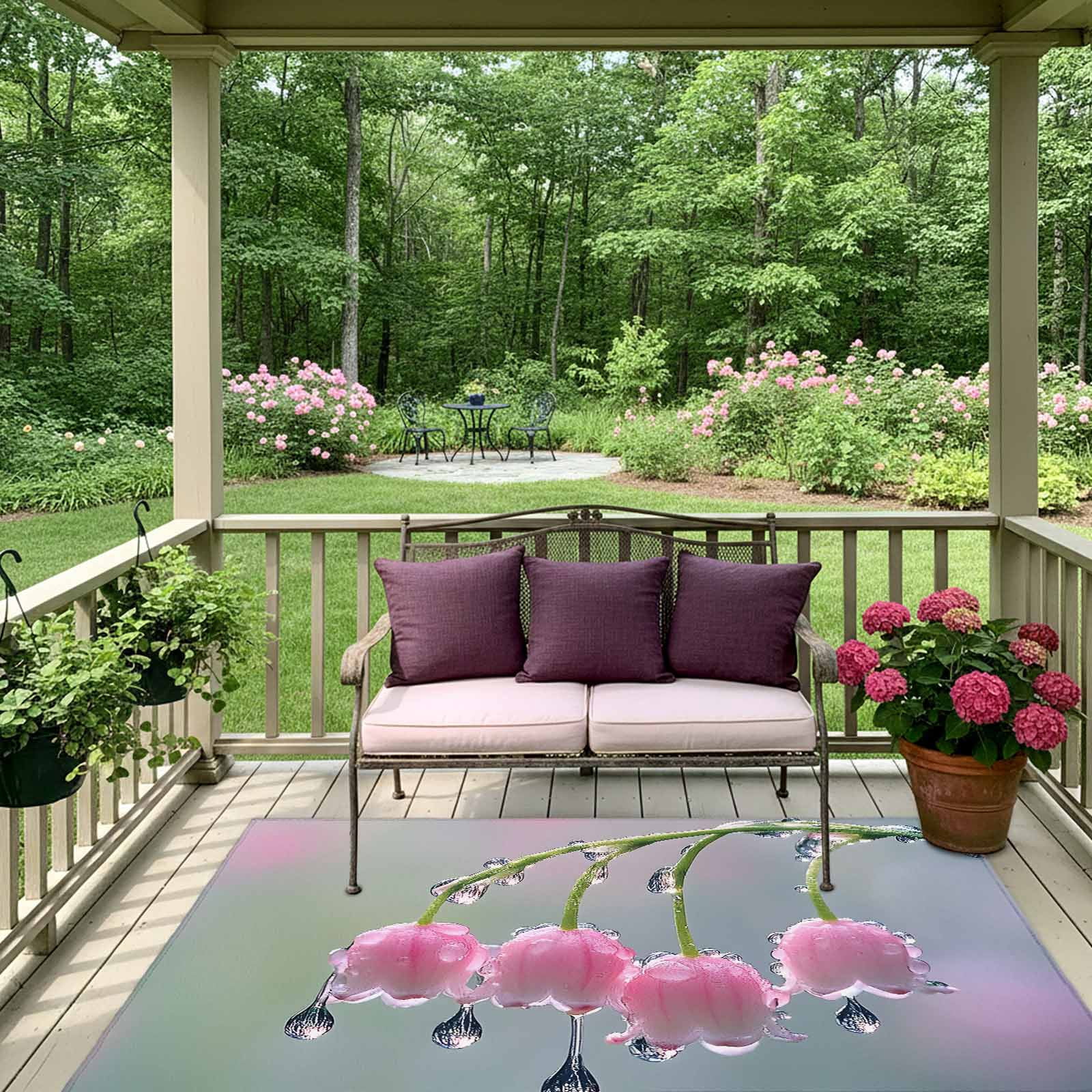 Outdoor Rug 5x8ft Lily Of The Valley Large Area Rug Pink Flower Indoor Outdoor Carpet Outdoor Rugs Mats for Patio Camping,RV,Front Door, Outside Decor