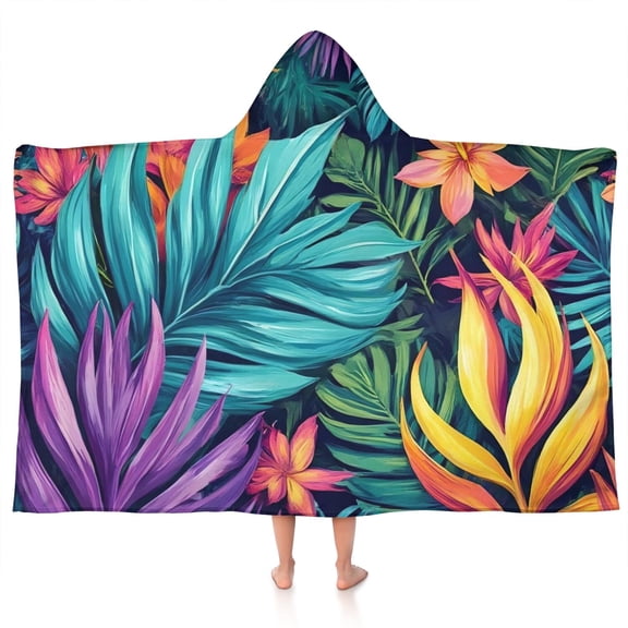 Colorful Tropical Leaf Pattern Hooded Bath Towel,50"x30" for Ages 3 To 12 Kids, Quick Dry Lightweight Soft Microfiber Hood Beach Towel Cover Up for Kids