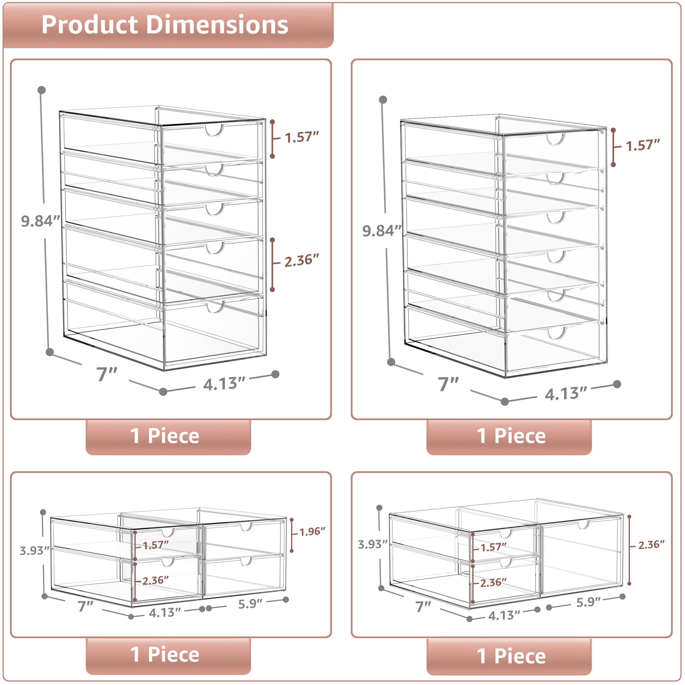 Sorbus 4-Piece Clear Acrylic Makeup Organizer with 18 Drawers, Stackable Storage Bins