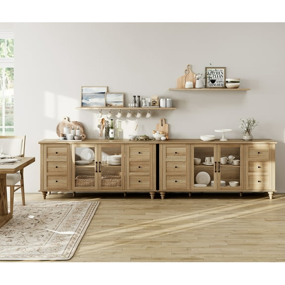 WAMPAT 2-in-1 Sideboard Buffet Cabinets with Glass Door, Kitchen Storage Cabinets, Wood Coffee Bar Tables, Accent Sideboard Storage Cabinet Table Dining Room, Living Room,Oak