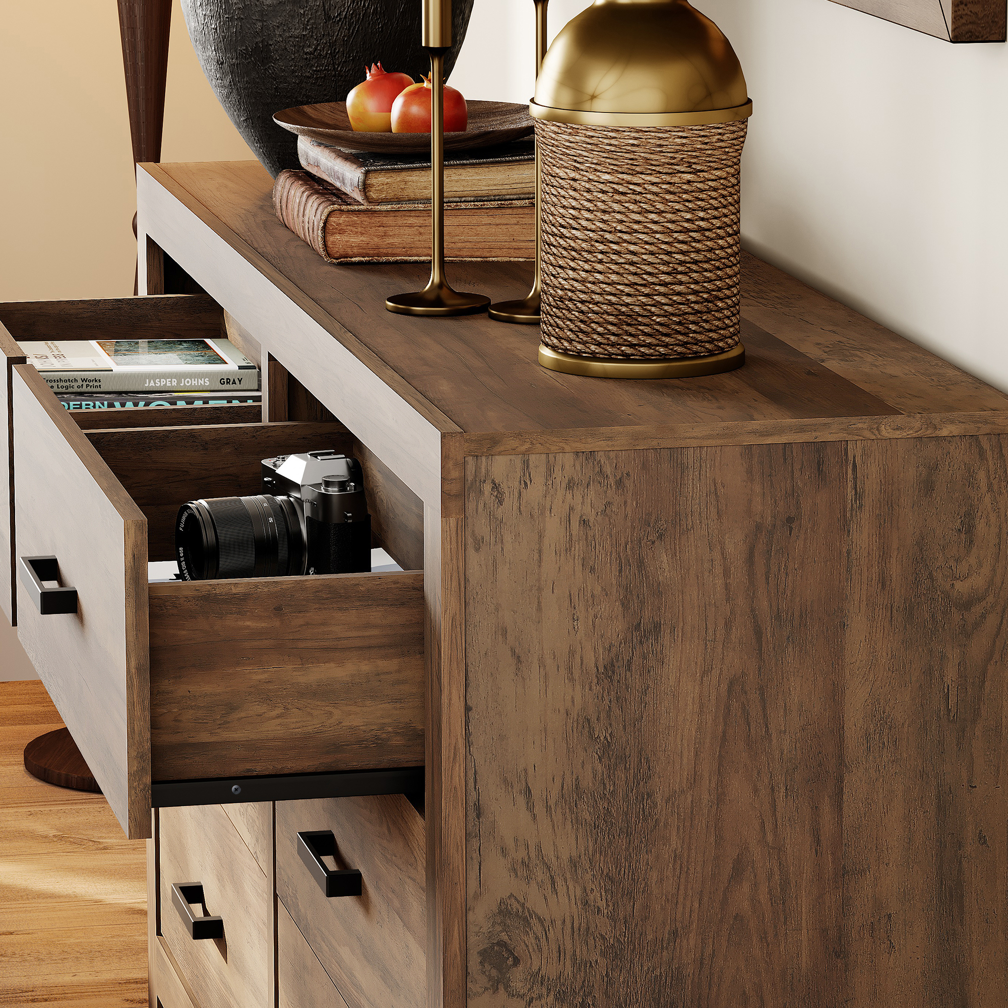 WAMPAT Farmhouse Wooden Sideboard with 12 Drawers, 106 Inch Wide Rustic Storage Sideboard Cabinet, Multi-Functional Buffet Cabinet for Living Room, Dinning Room, Brown