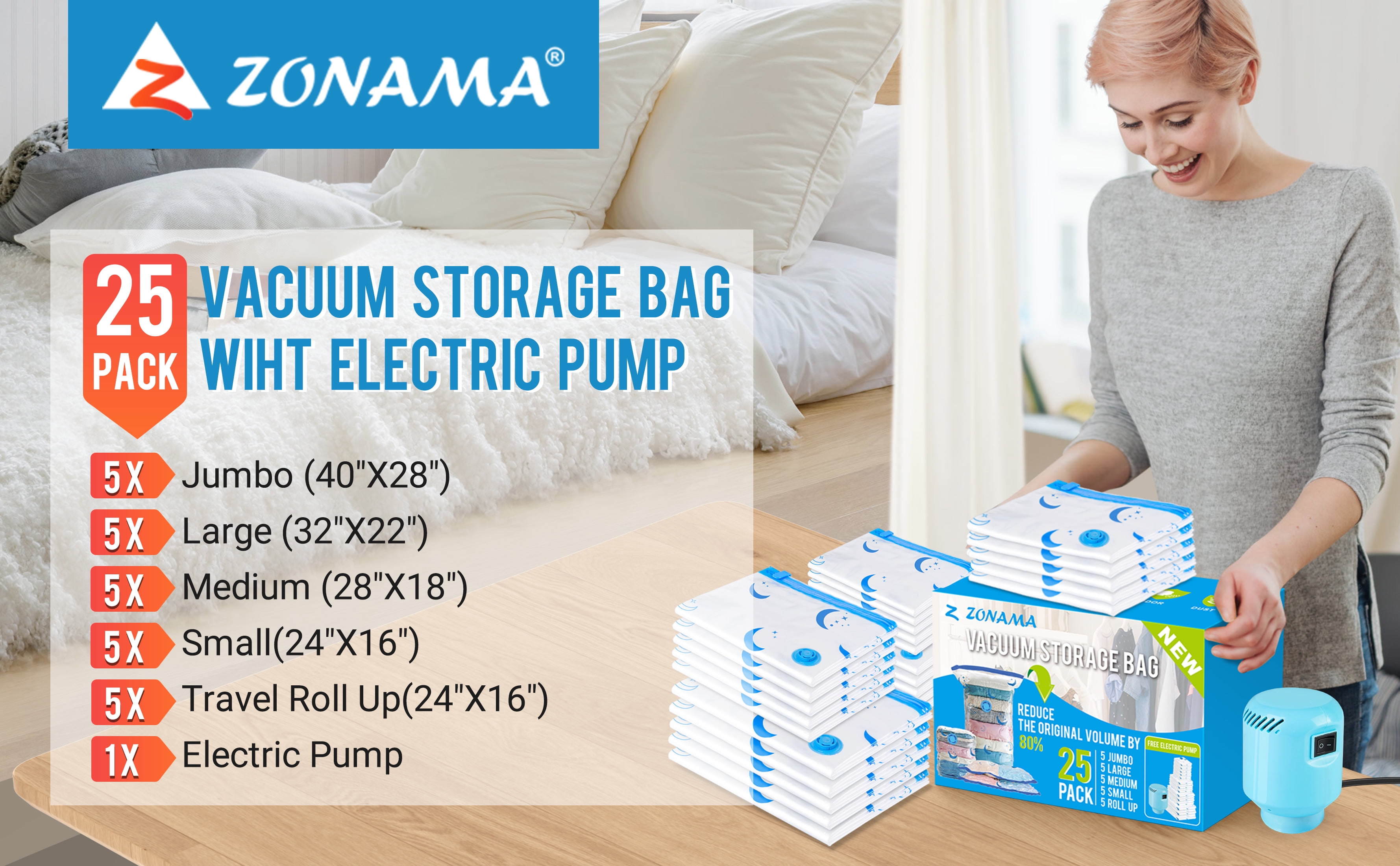 Z ZONAMA 20 Pack Vacuum Storage Bags with Electric Pump(4 Jumbo,4