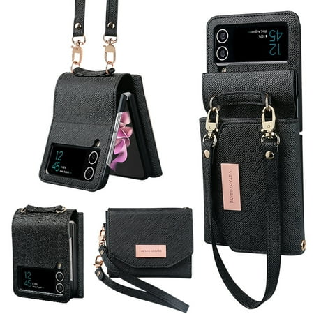 Compatible with Samsung Galaxy Z Flip 4 Wallet Case with Lanyard Strap PU Leather Shockproof Women Girls Case-Black