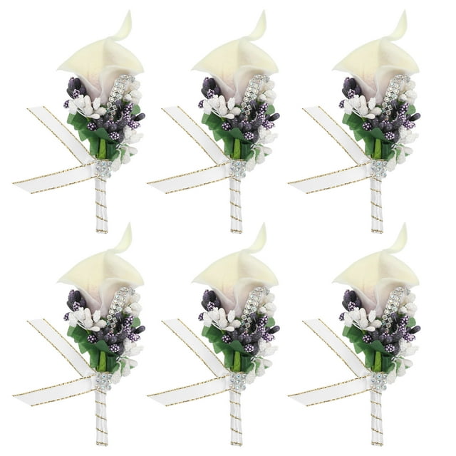 6 Piezas de Boutonniéres de Lirio con Alfileres para Hombres Ceremonia de Boda Aniversario Cena Formal Fiesta Blanco Morado