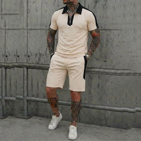 PNTUTB Men's Color-Blocked Two-Piece Set,Casual Loose Short-Sleeve Zipper Collar Top and Drawstring Elastic Waist Shorts Fashion Set