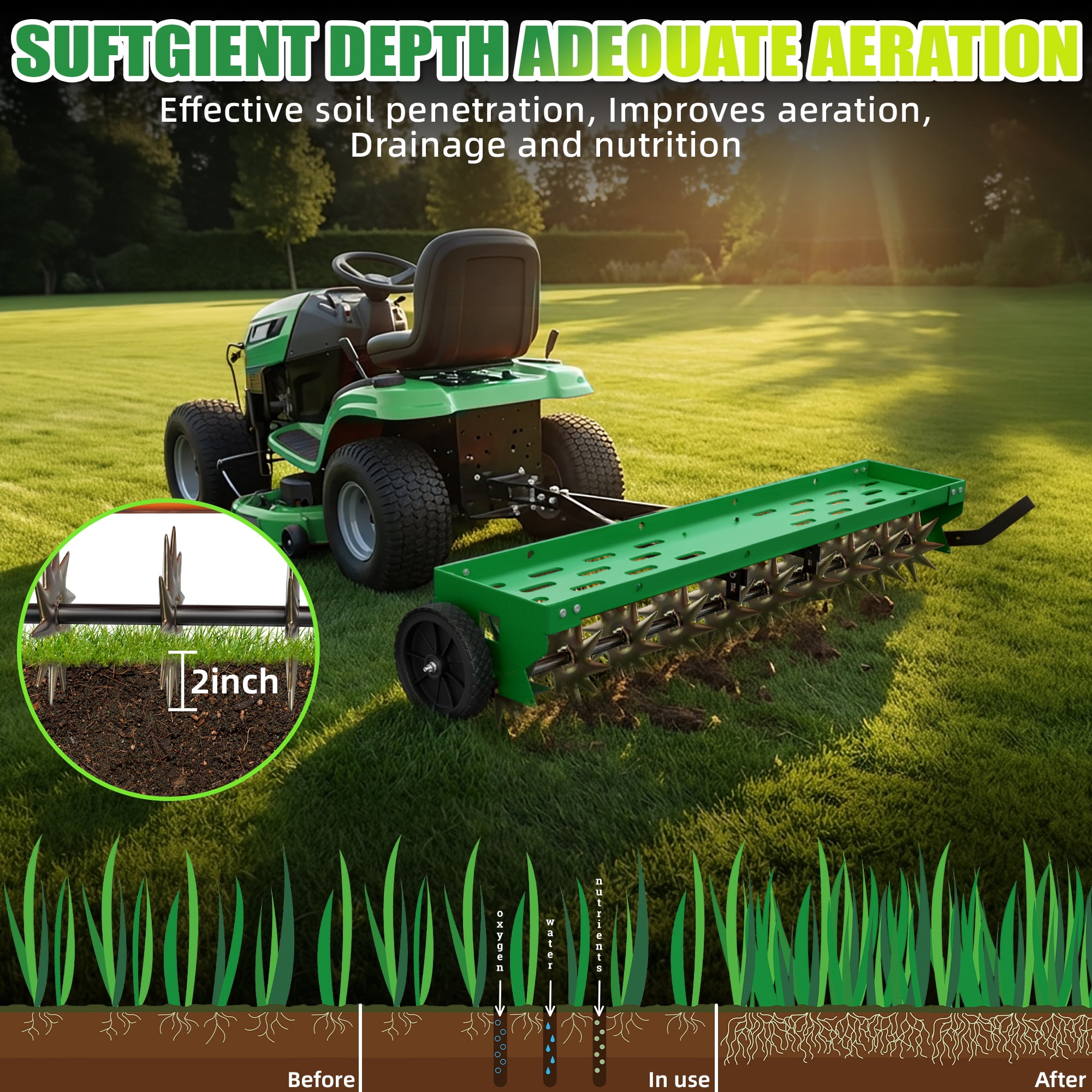 48" Tow-Behind Spike Aerator, Tractor Lawn Aerator with 12 Steel Spike Disks with Universal Hitch, Green Galvanized Steel for Garden, Farm & Yard,280lbs Capacity