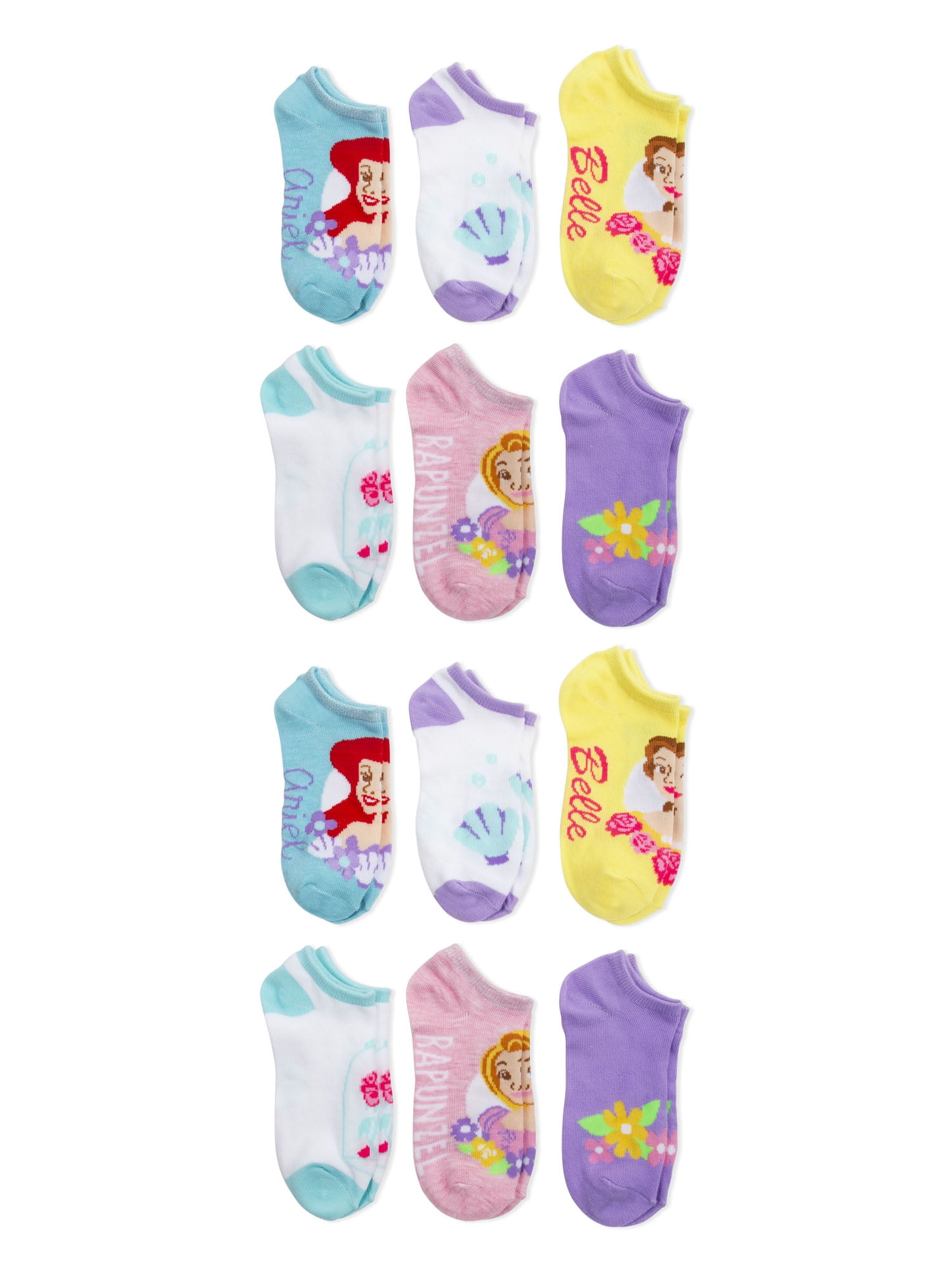 Disney Princess Disney Princess Girls Socks, 12 Pack No Show (Ariel, Belle, & Rapunzel