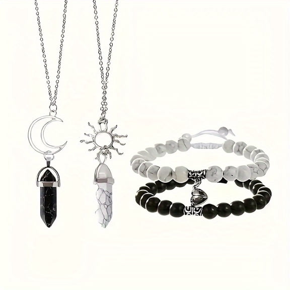 4pcs Jade Jewelry Set Featuring Sun and Moon Synthetic Stone, Hexagonal Crystal Couple Necklace, Charm Bracelet, and Lucky Multi-layer Necklace for Men,4pcs