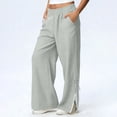 thumbnail image 2 of Pxxlle Plus Size Womens Linen Pants Trendy Lace Patchwork Wide Leg Trousers with Pockets Solid Color Elastic High Waisted Long Pant Gray XL, 2 of 9