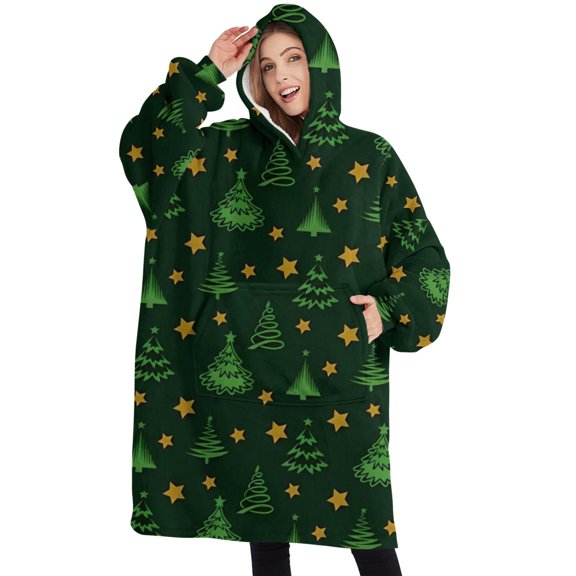 Oversized Wearable Blanket Hoodie,Dark Green Christmas Tree and Star Pattern Sherpa Blanket Hoodie with Super Pockets,Super Warm Fuzzy Pullover for Women & Men
