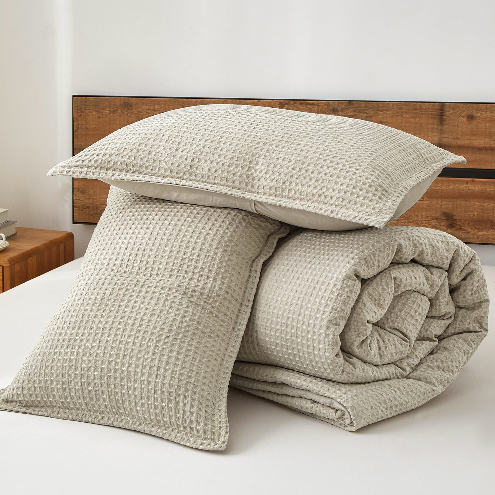 PHF 3-Piece Waffle Weave Comforter Set Queen Size, Lightweight Comfy Bedding Set for All Season, Ultra Soft Textured 1 Comforter with 2 Pillow Shams, Linen
