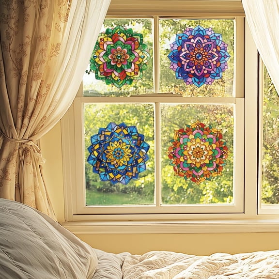 Static Window Clings Mandala Pattern 1 Sheet Reusable Window Decals for Glass 47.24" x 11.8" Removable Double Sided Window Sticker for Room Office Home Decoration colorful