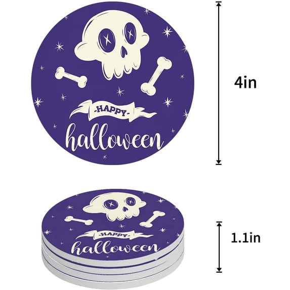 FMSHPON Happy Halloween Skull and Stars Purple Set of 4 Round Coaster for Drinks, Absorbent Ceramic Stone Coasters Cup Mat with Cork Base for Home Kitchen Room Coffee Table Bar Decor