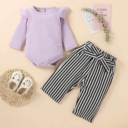 

SDJMa Cotton Strip Flying Sleeves Long-sleeved Romper Black Striped Belt Trousers Suit