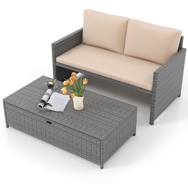 Gymax Causeuse de Patio 2 Pcs avec Pouf de Rangement Multifonction de 31 Gal et Coussins Doux