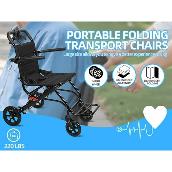 Lorelo Manual Wheelchair, Lightweight Foldable Transport Wheelchair, Adults Elderly Transport Chair, Travel Wheelchair with Support 220lbs, Hand Push Mobility Scooter with Pull Bar