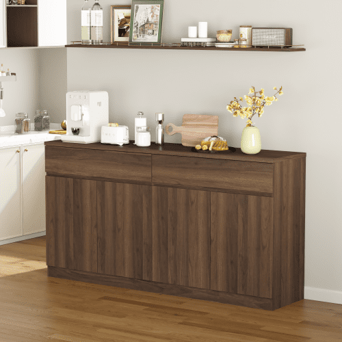 63.1" Sideboard Buffet Cabinet with Storage, 2 Drawers & 4 Doors, Large Kitchen Dining Room Credenza, Coffee Bar Table, Walnut