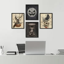 PixonSign Framed Wall Art Halloween Horro Dark Moody Posters, Set of 4 Skull, Skeleton, Crow, Pumpkin Head Illustrations Wall Decor, Adhesive Canvas Prints for Home Decor - 8"x10" Black