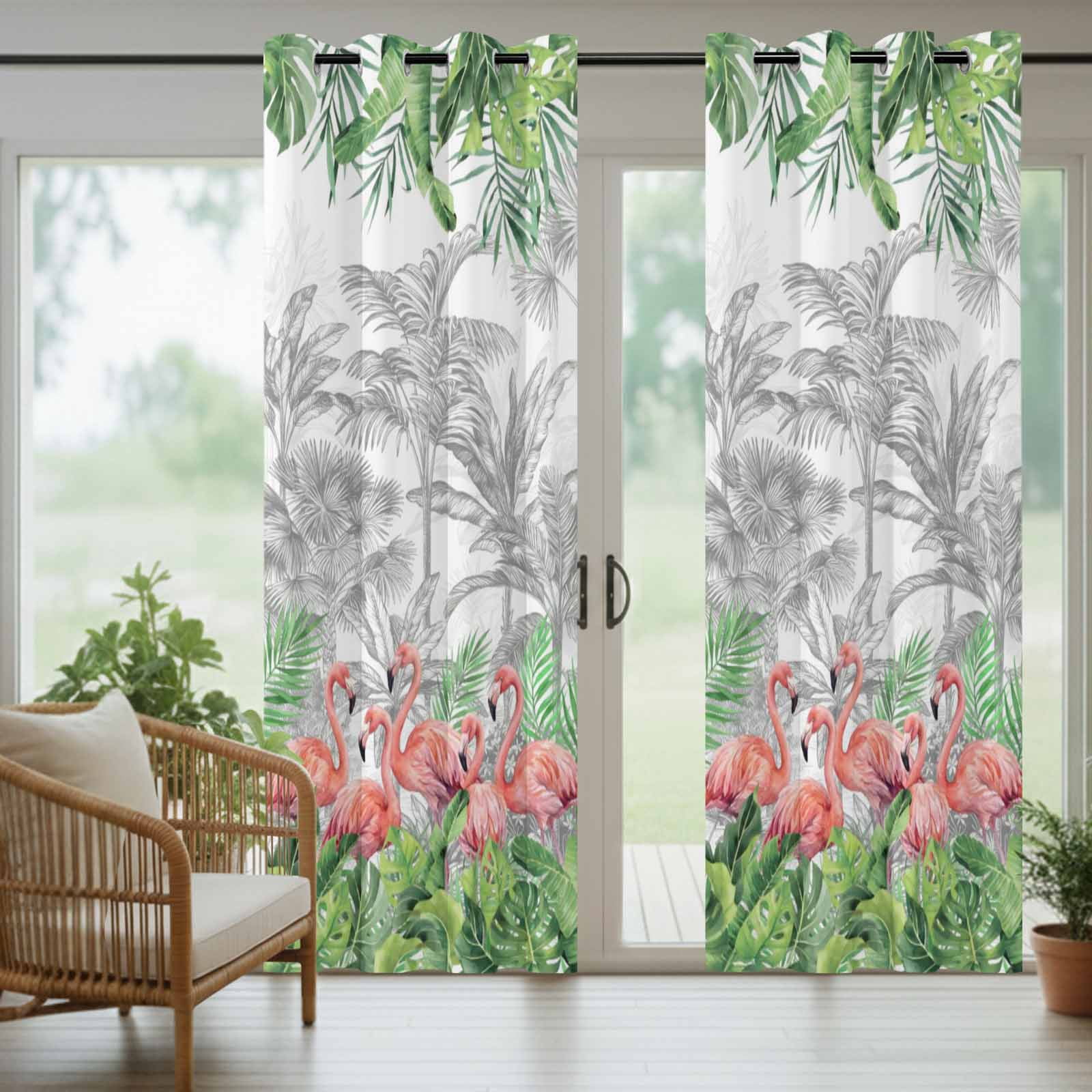 Summer Tropical Outdoor Curtains for Patio, Pink Flamingo Jungle Green Palm Leaves Grey Sunshade Privacy Drapes Grommet Waterproof Outside Curtains for Porch/Cabana/Balcony 54"x 108", 1 Panel