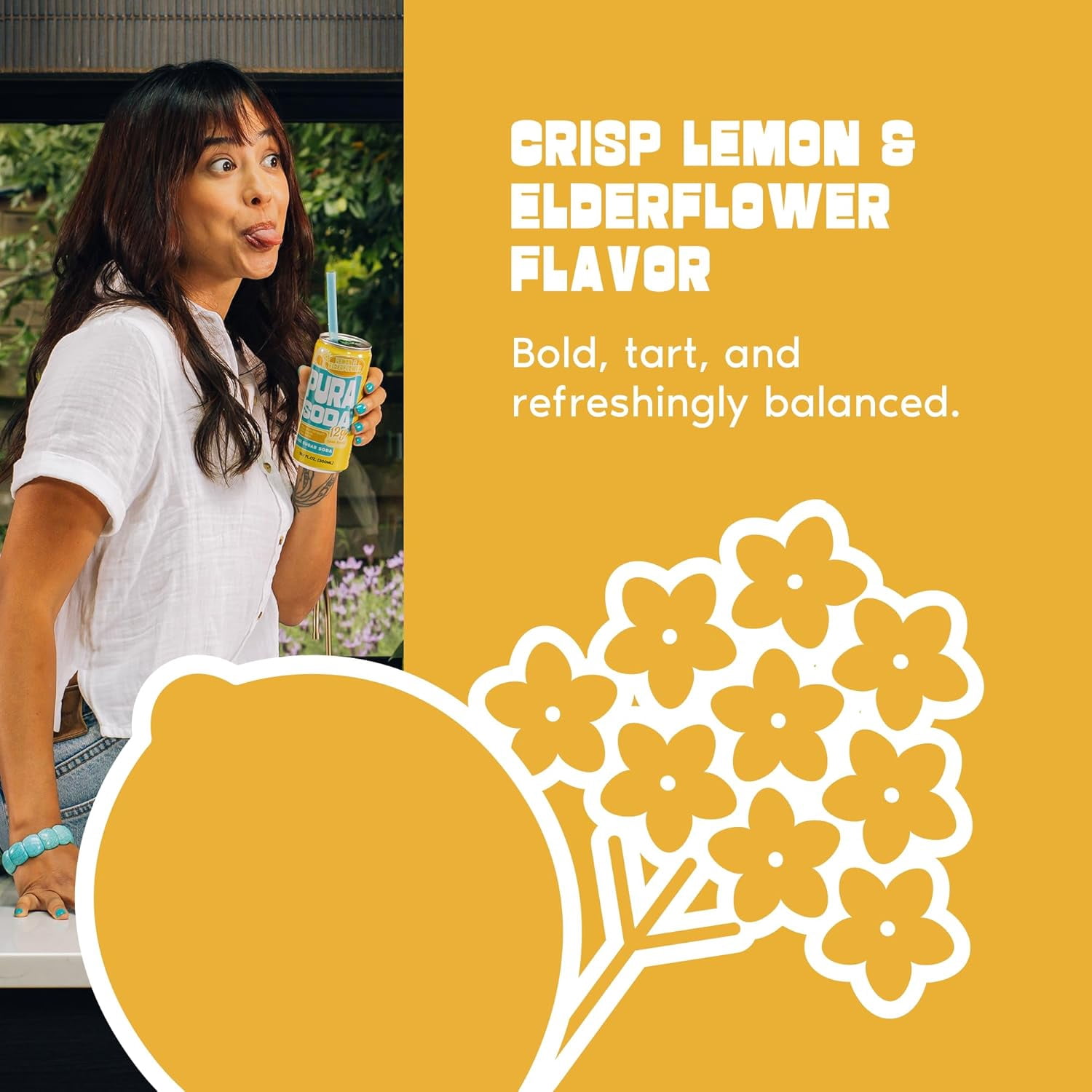 PuraSoda® Lemon & Elderflower | Low-Calorie, Cane Sugar Soda Beverage | Non-GMO, Vegan | Made with Pure Cane Sugar, No Preservatives | 10.1 fl oz (300ml) Cans, 24-Pack